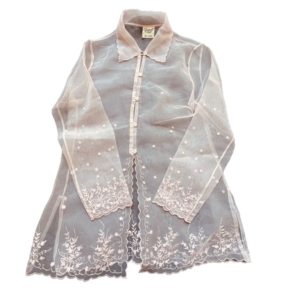 Sheer Blouse Tunic Light Pink Embroidered Button Up Floral Scallop Edges Sz L - Picture 2 of 13
